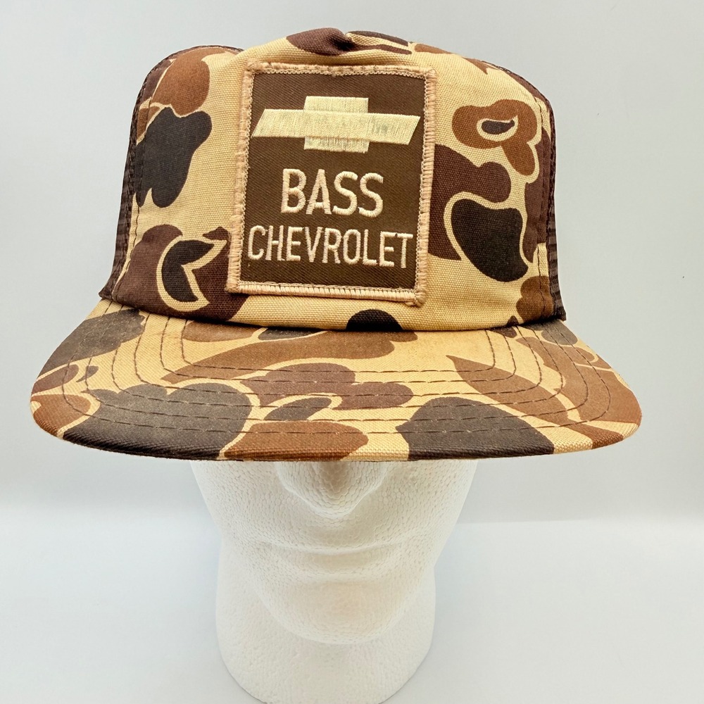 Vintage Bass Chevrolet Duck Camo Trucker Hat Mesh Snapback Made in USA Brown